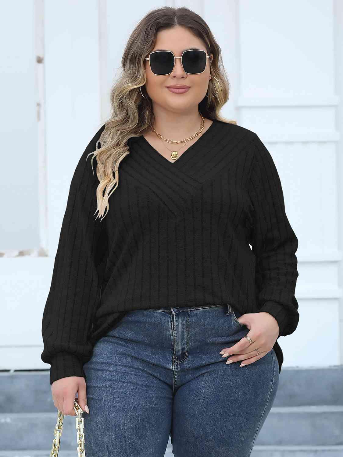 Plus Size Ribbed V-Neck Long Sleeve Top - Clothes For Her Online Store