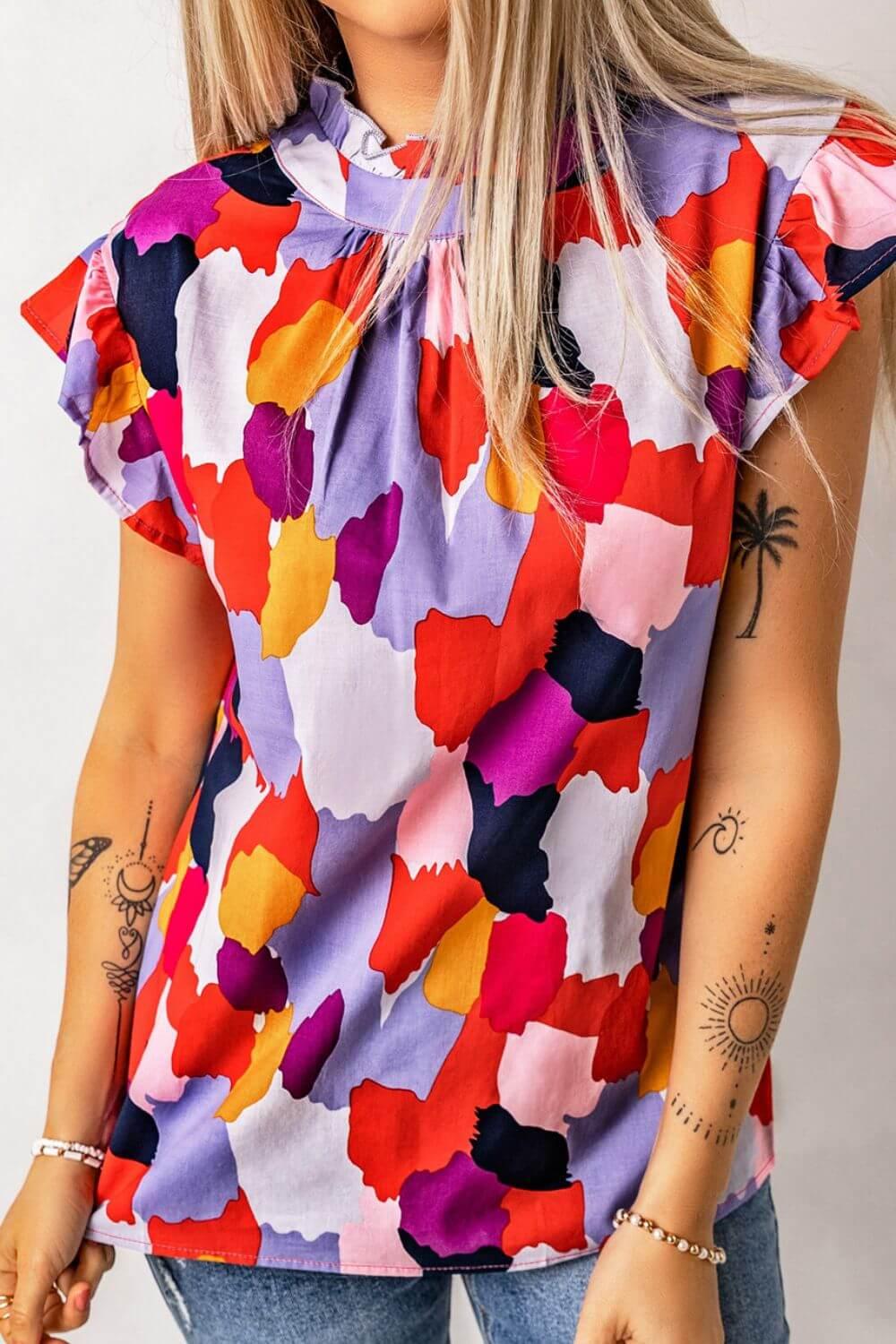 Frill Printed Mock Neck Cap Sleeve Blouse - Clothes For Her Online Store