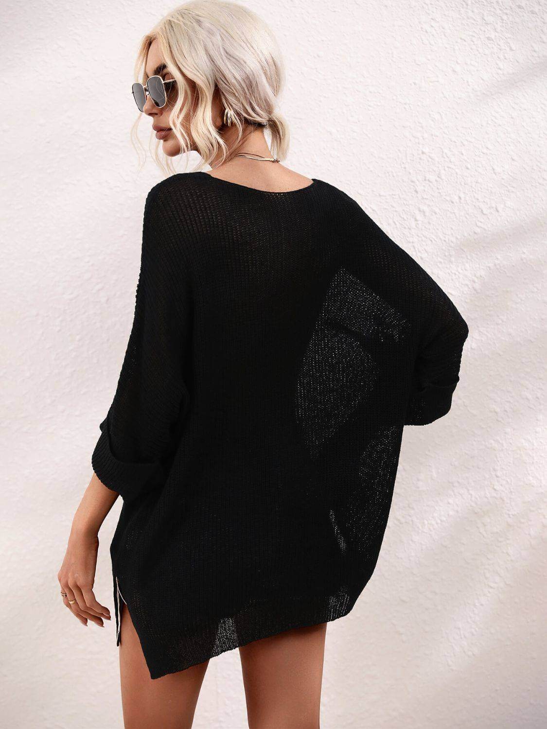 Boat Neck Cuffed Sleeve Slit Tunic Knit Top - Clothes For Her Online Store
