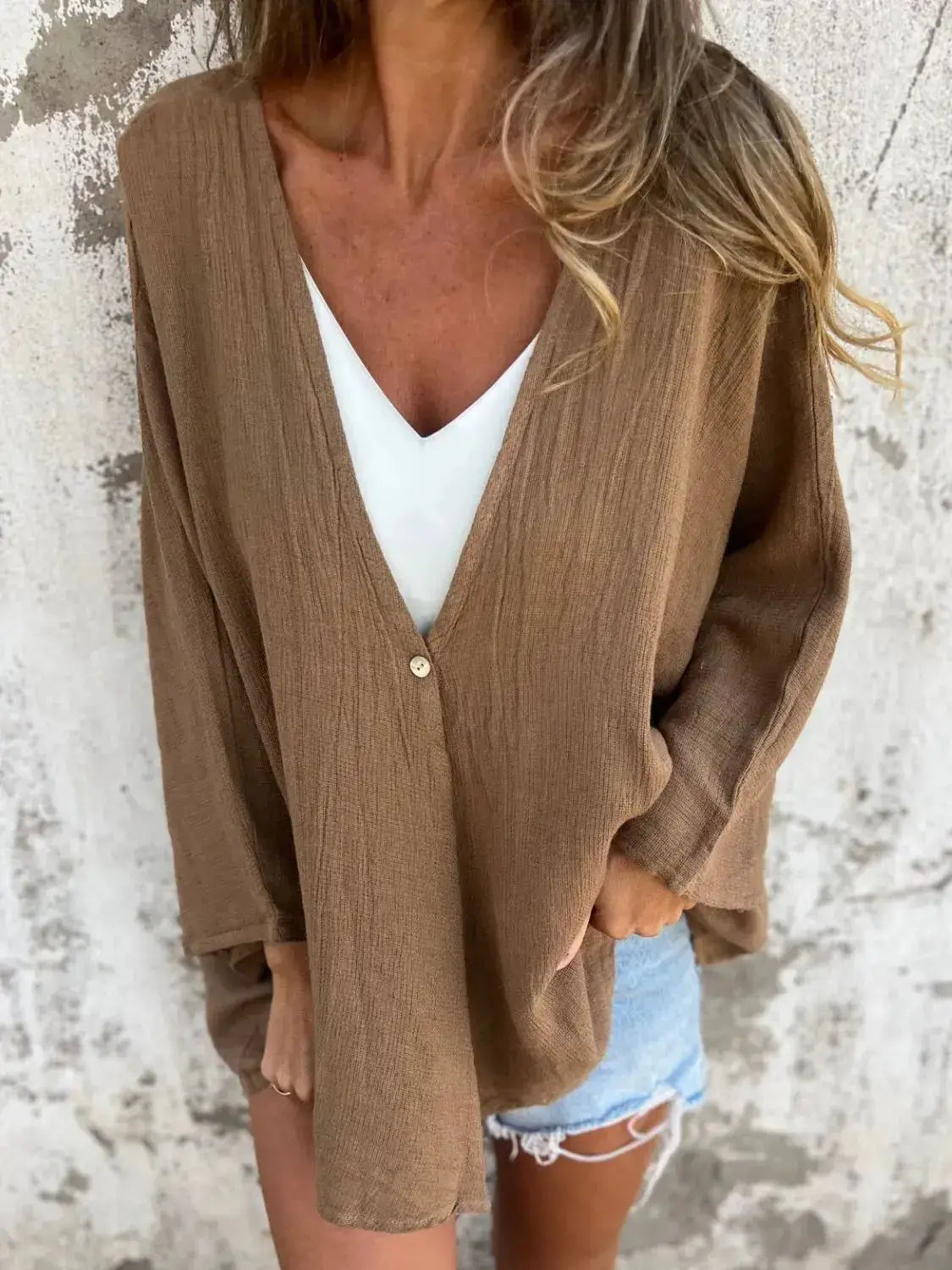 Full Size One Button Long Sleeve Shirt Plus Size - Clothes For Her Online Store