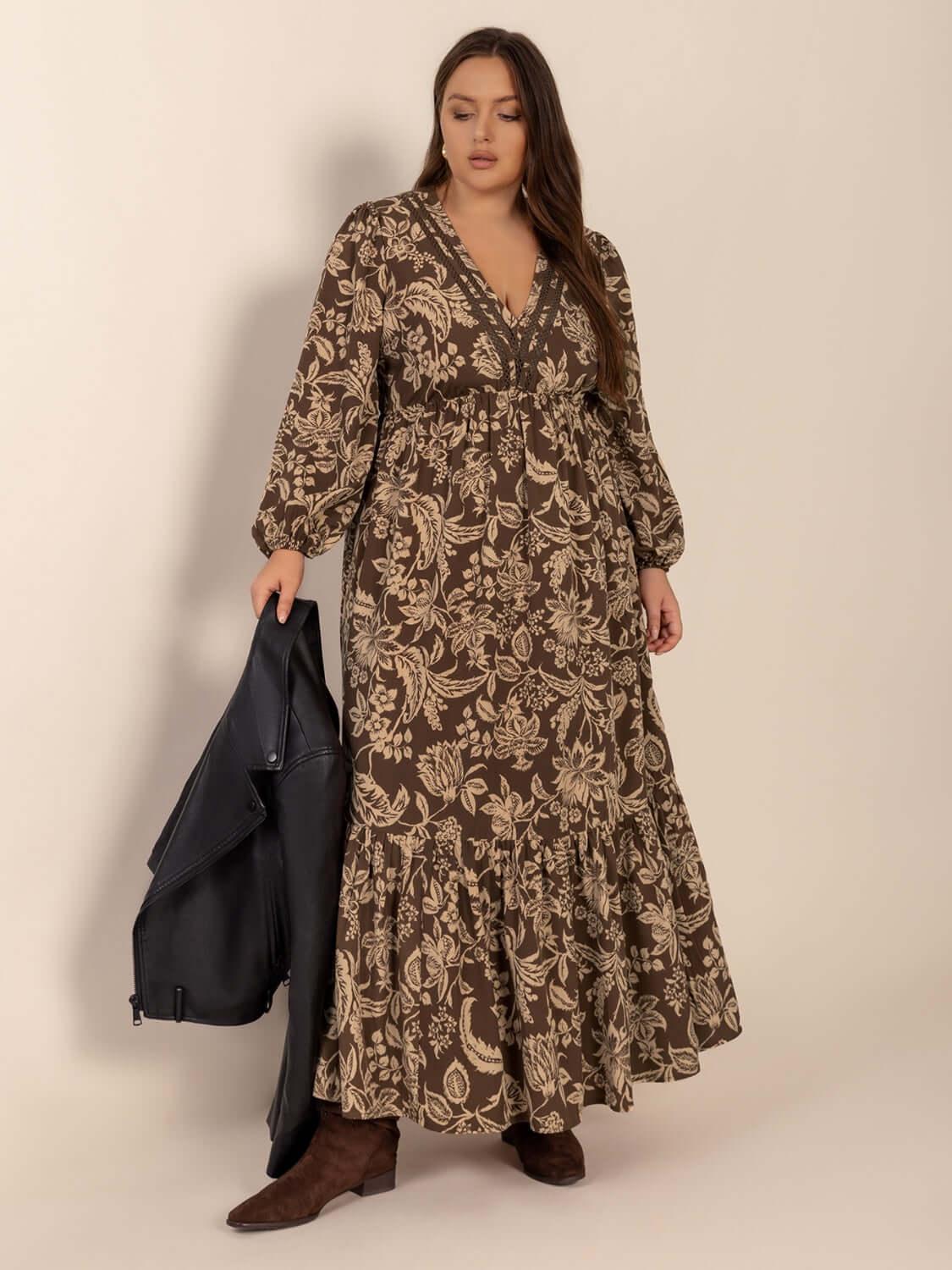 Plus Size Printed V-Neck Balloon Sleeve Maxi Dress - Clothes For Her Online Store