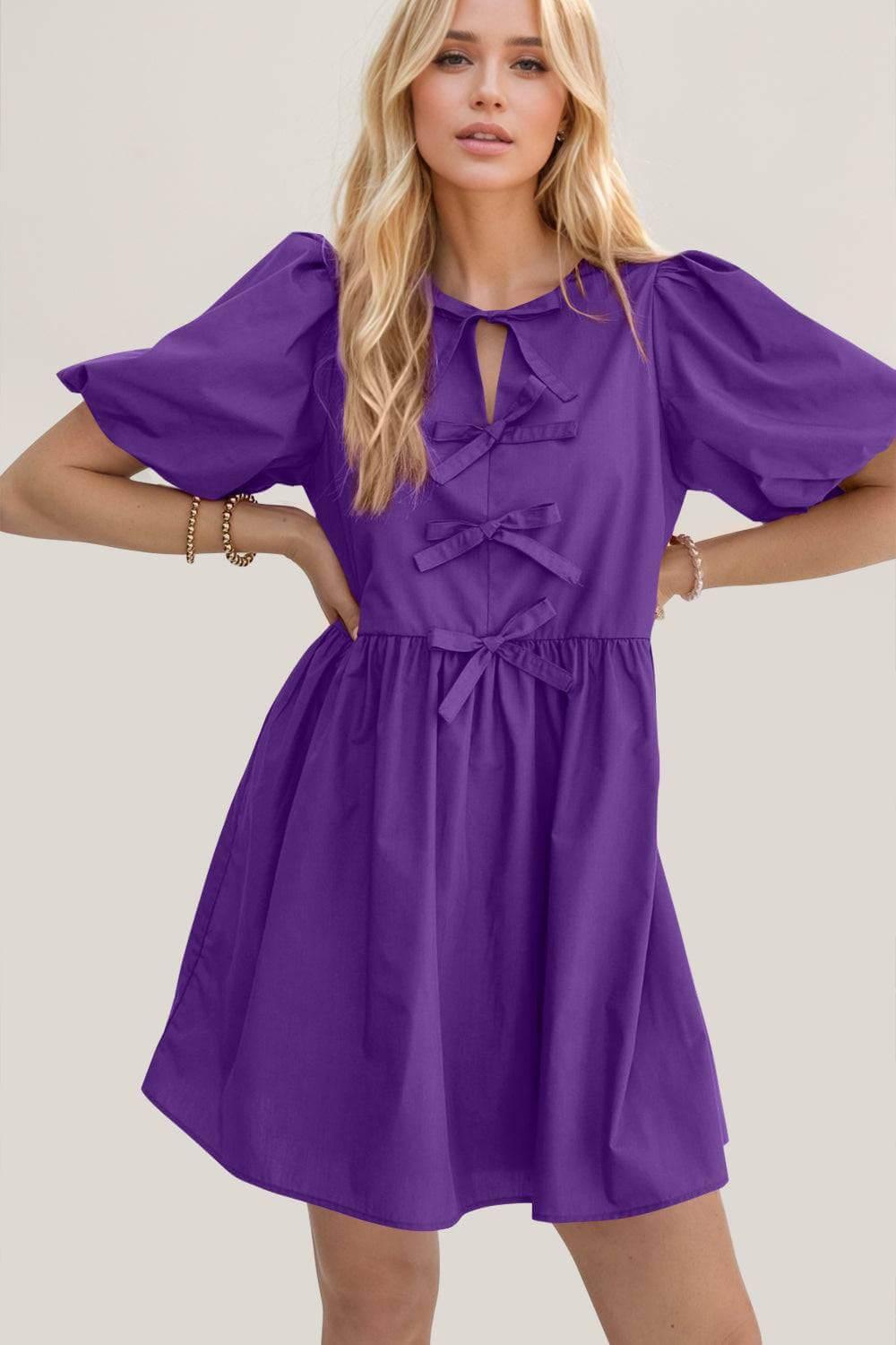 Oh Bow Ruched Puff Sleeve Mini Dress - Clothes For Her Online Store