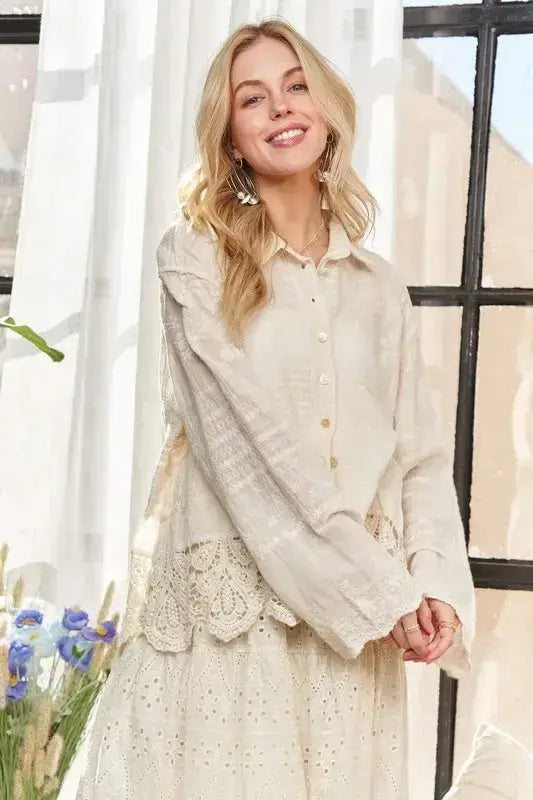 ADORA Crochet Lace Long Sleeves Button Down Shirt - Clothes For Her Online Store