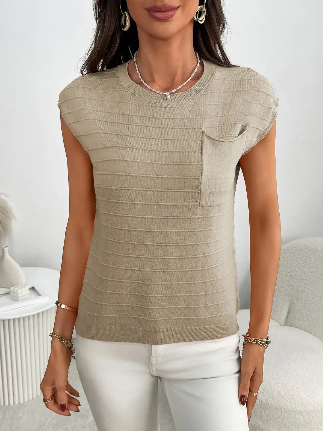 Round Neck Cap Sleeve Knit Top