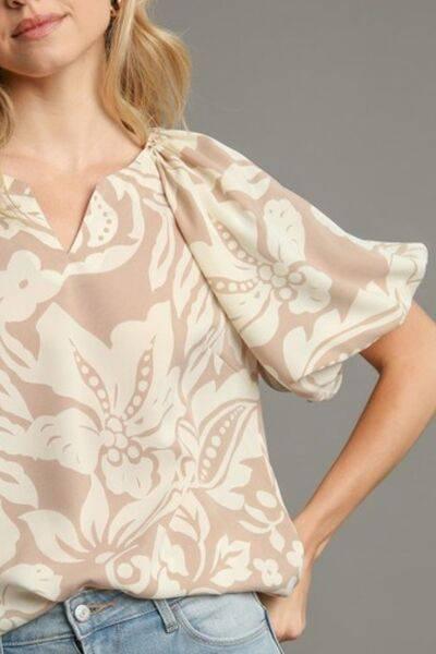 Umgee Full Size Boxy Cut Split Neck Floral Print Top Plus Size - Clothes For Her Online Store