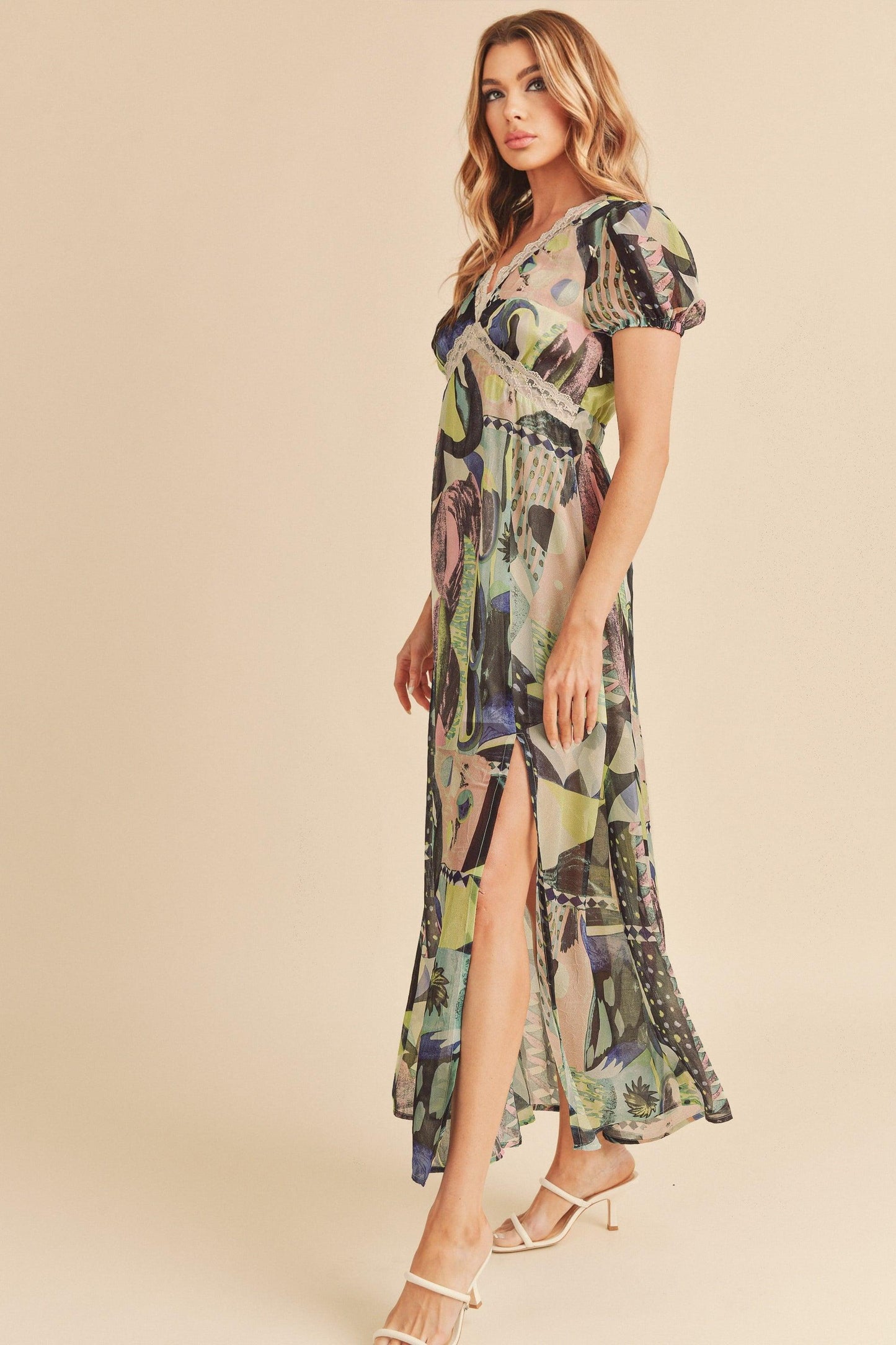 Aemi + Co Lace Detail Slit Geometric Print Short Sleeve Maxi Dress - Clothes For Her Online Store