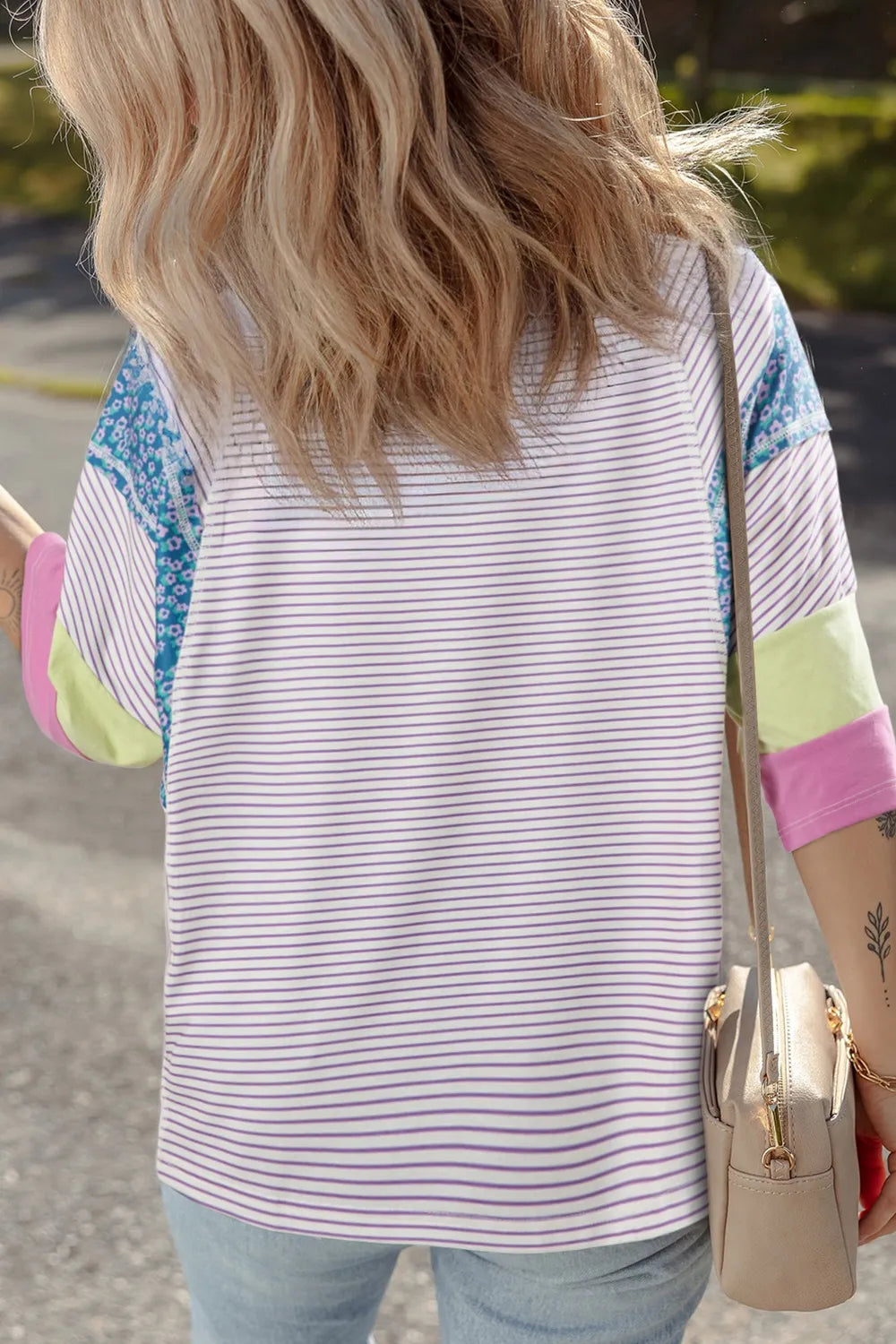 Stripe Floral Color Block Raw Edge Patchwork Top