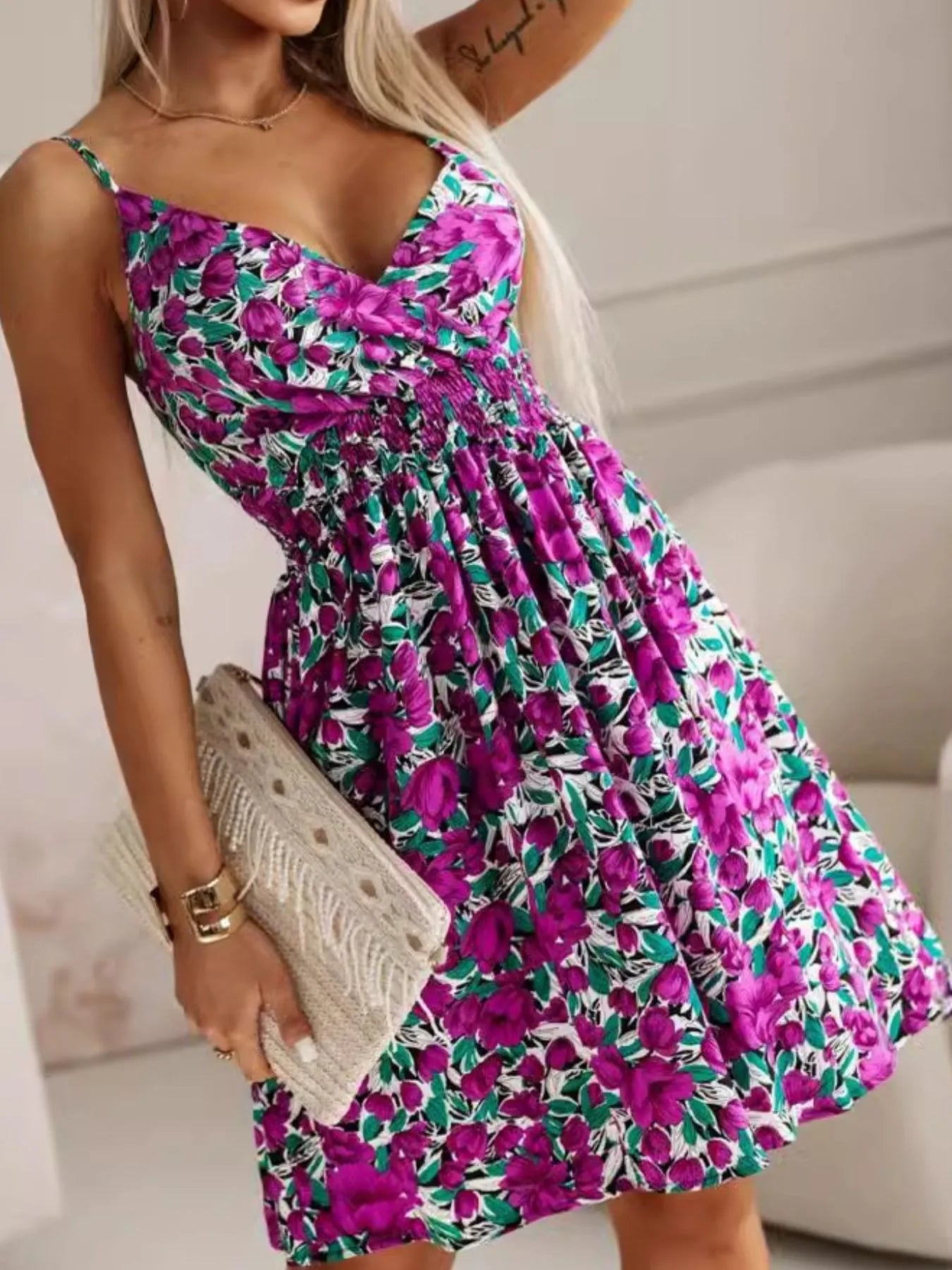 Tropical Print Spaghetti Strap Mini Dress