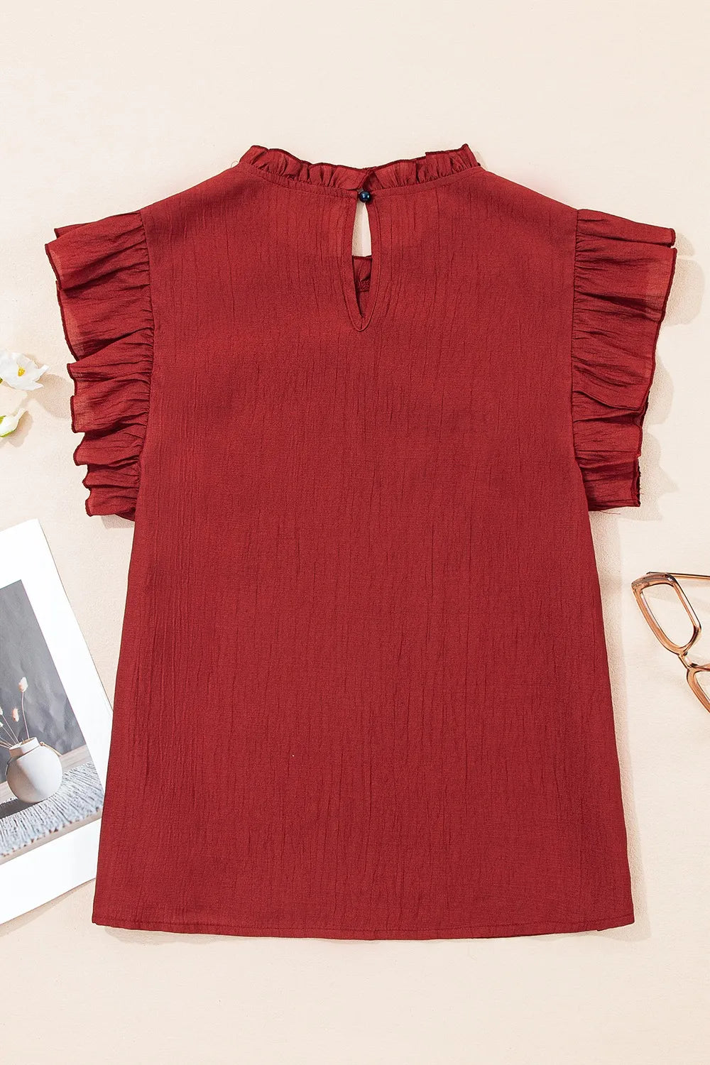 Dahlia Solid Color Pleated Detail Ruffle Short Sleeve Blouse