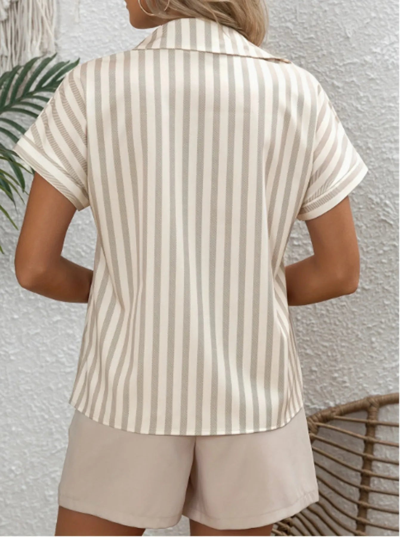 Striped Collared Neck Short Sleeve Shirt
