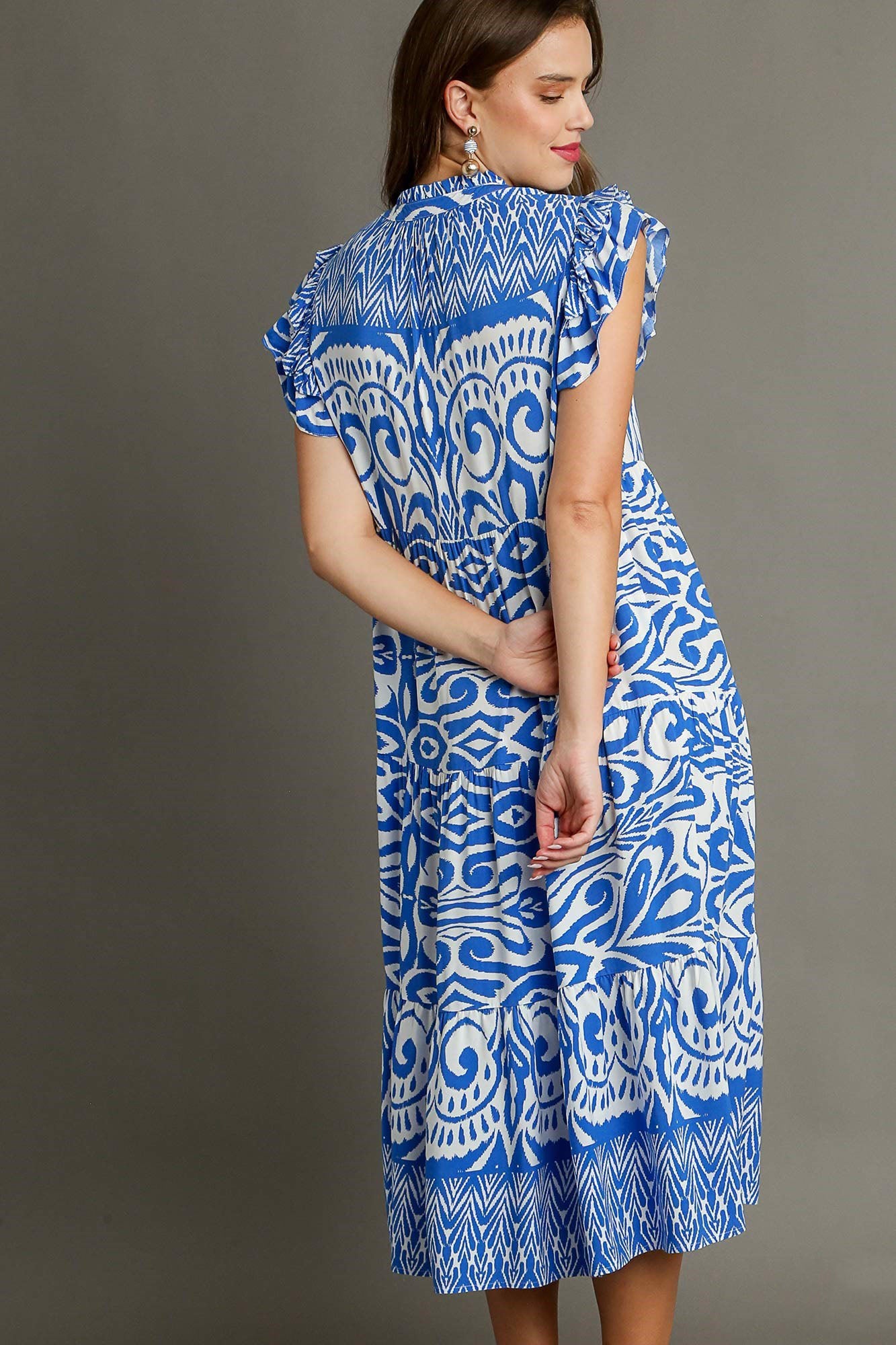 Umgee Full Size Two Tone Border Print Ruffle Cap Sleeve Midi Dress Plus Size - Clothes For Her Online Store