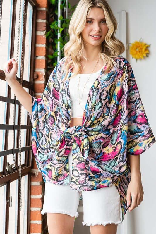Heimish Full Size Multi Color Snake Open Cardigan Plus Size - Clothes For Her Online Store