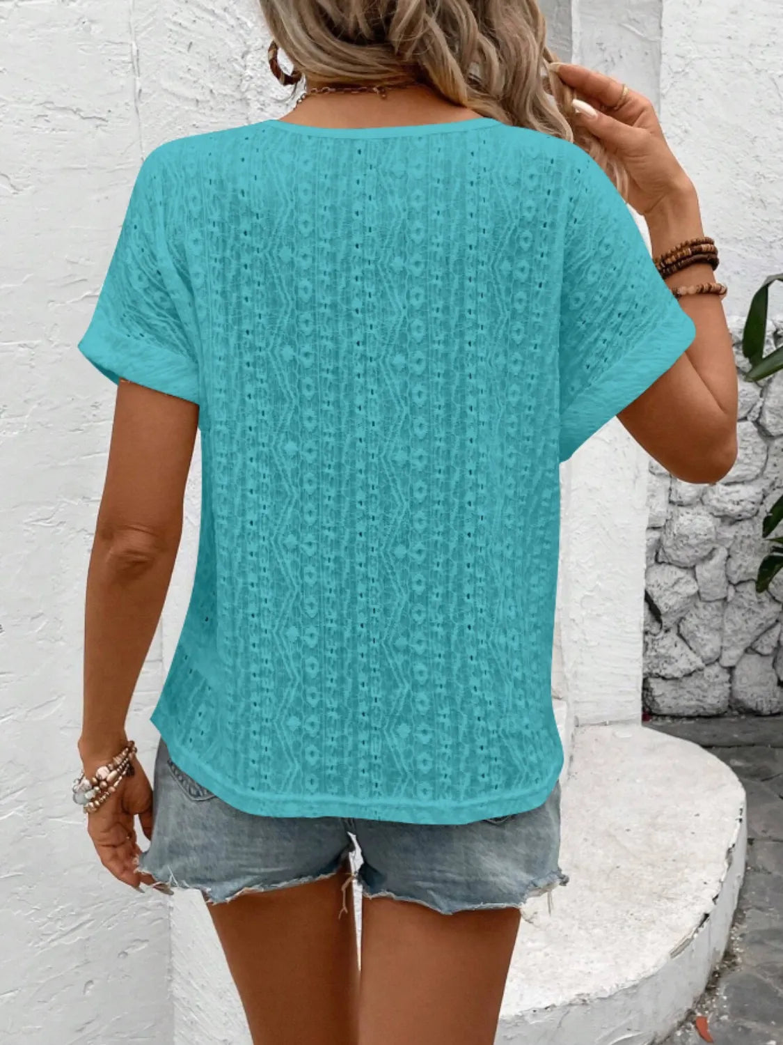 Eyelet Round Neck Short Sleeve Top