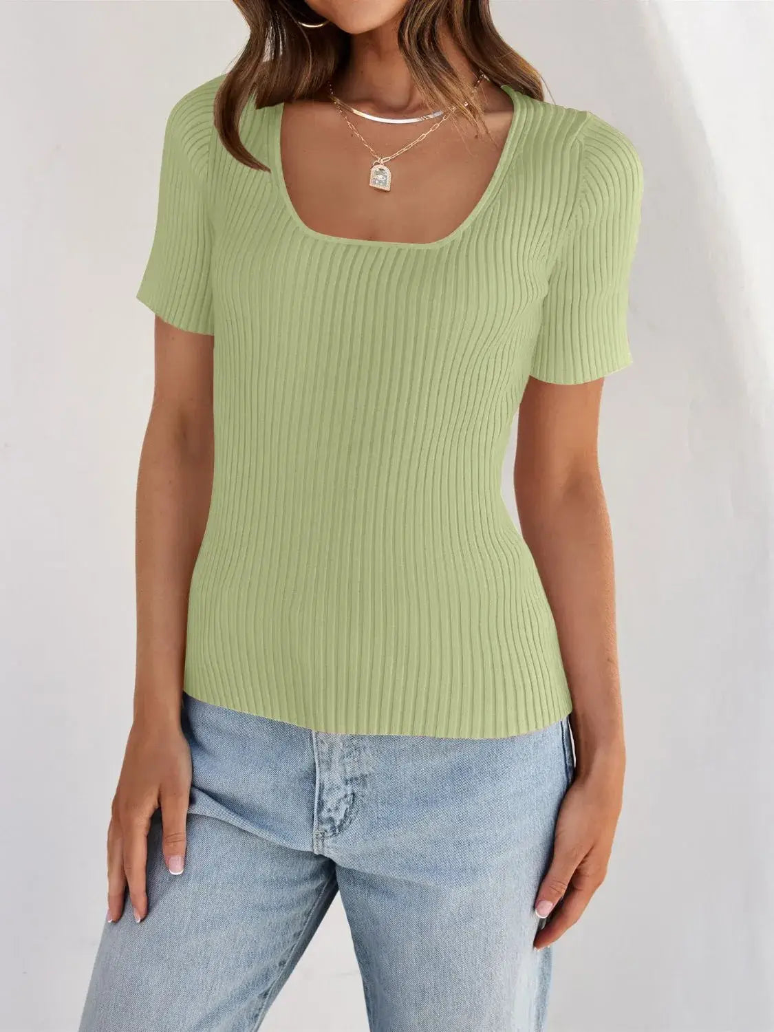 Ribbed Square Neck Short Sleeve Knit Top
