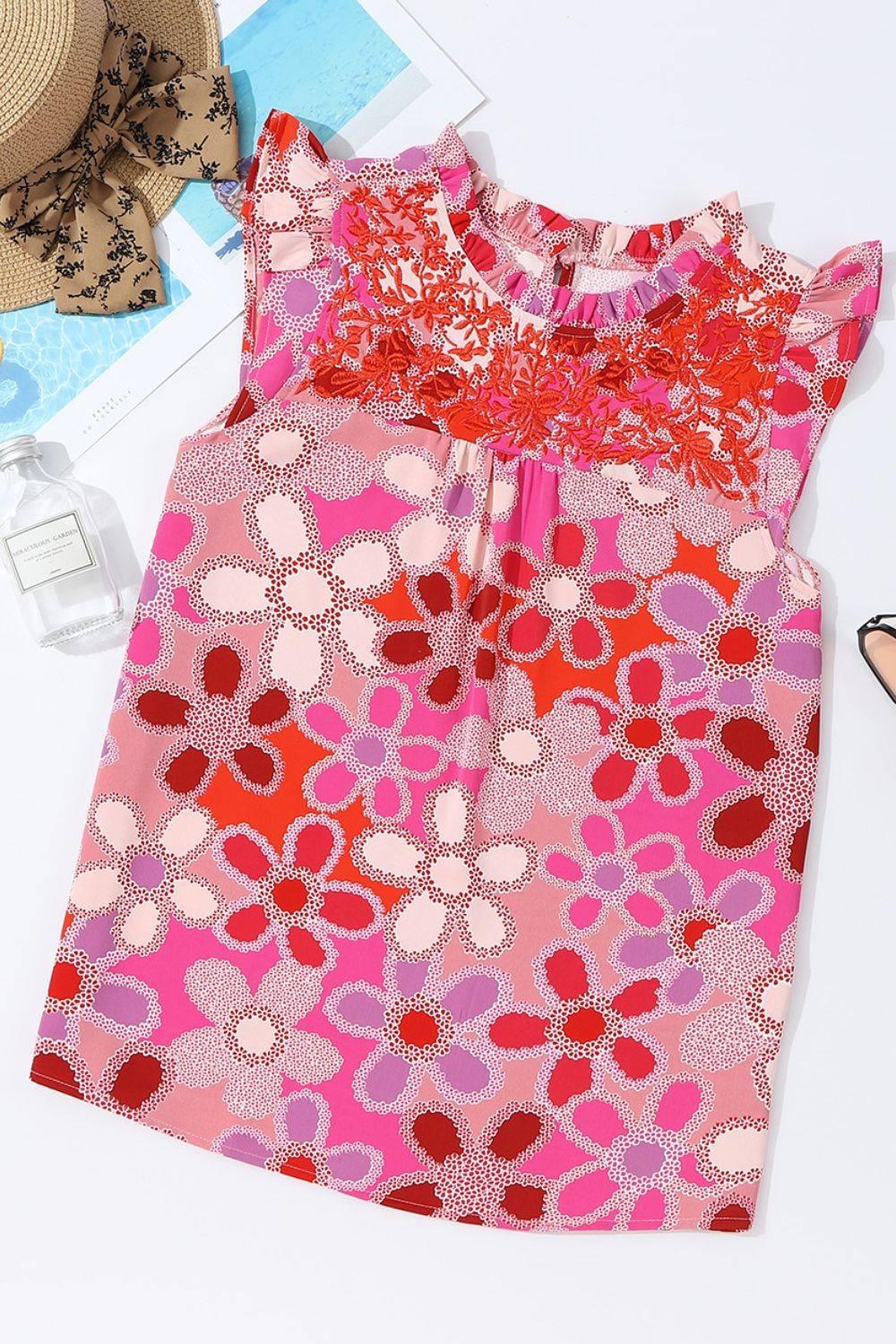 Embroidered Detail Floral Ruffle Cap Sleeve Blouse - Clothes For Her Online Store