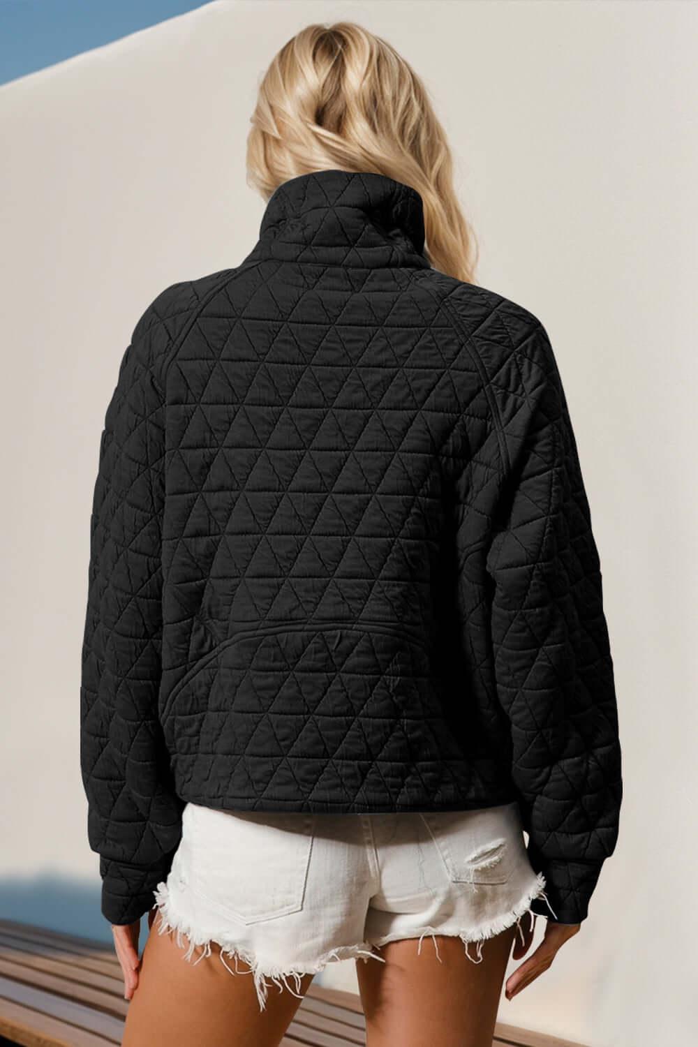 Double Take Half Zip Long Sleeve Quilted Sweatshirt with Pocket - Clothes For Her Online Store