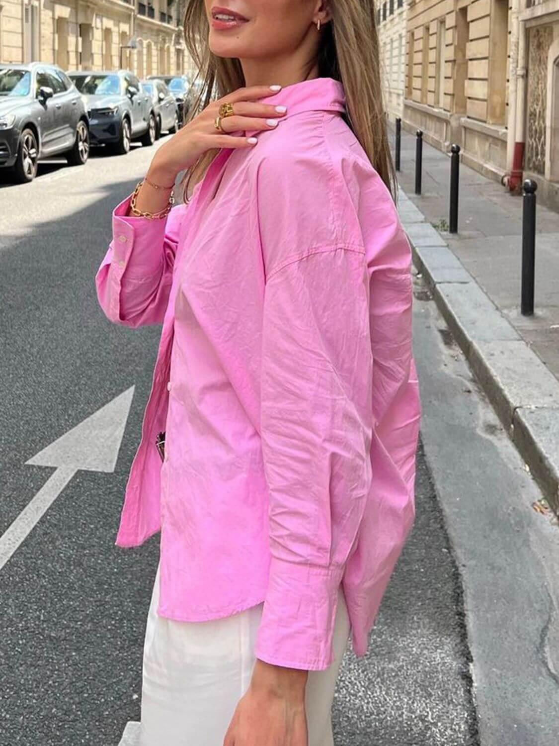 Devine Collared Neck Drop Shoulder Shirt - Clothes For Her Online Store