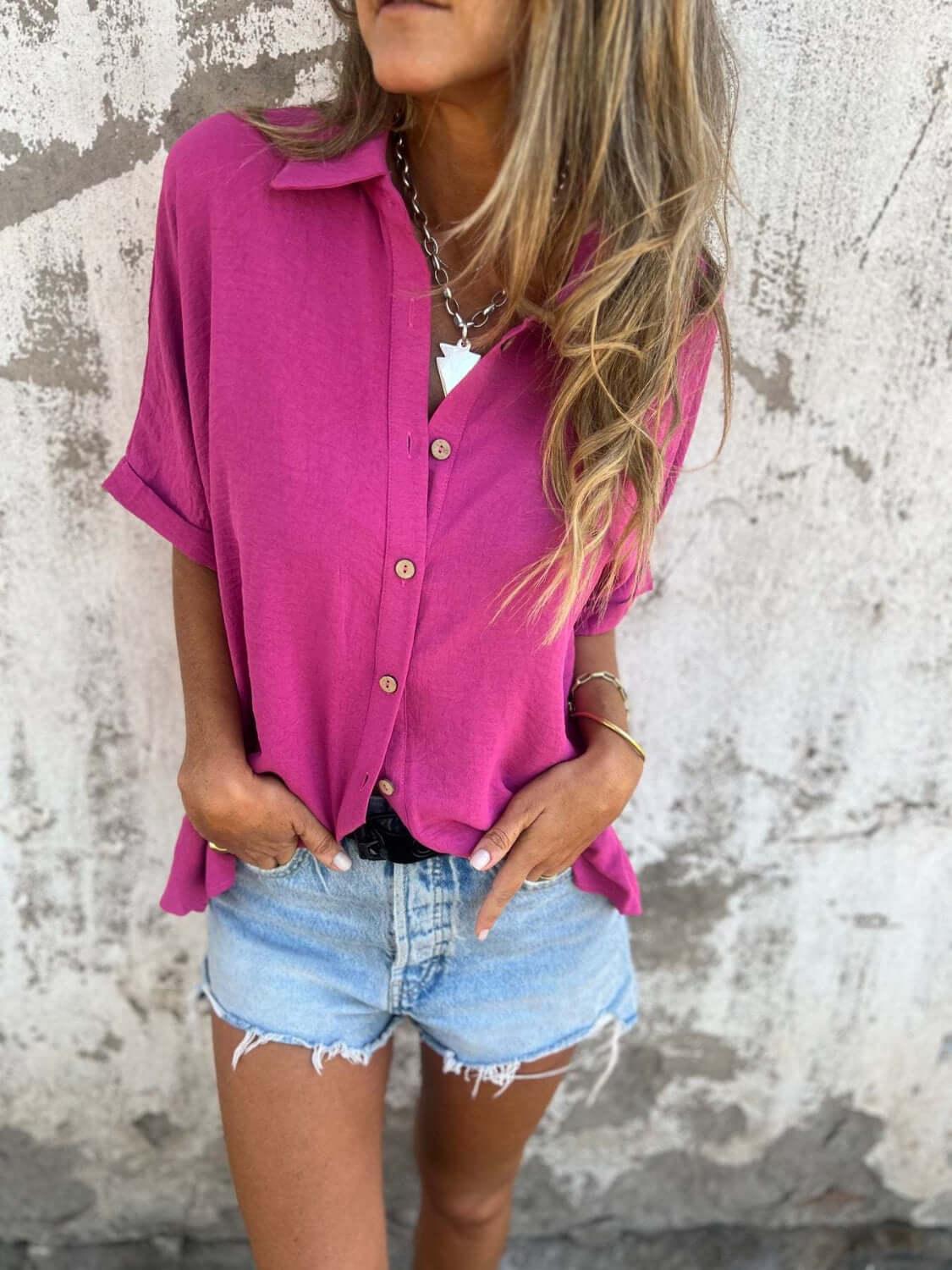 Full Size Collared Neck Half Sleeve Shirt Plus Size - Clothes For Her Online Store