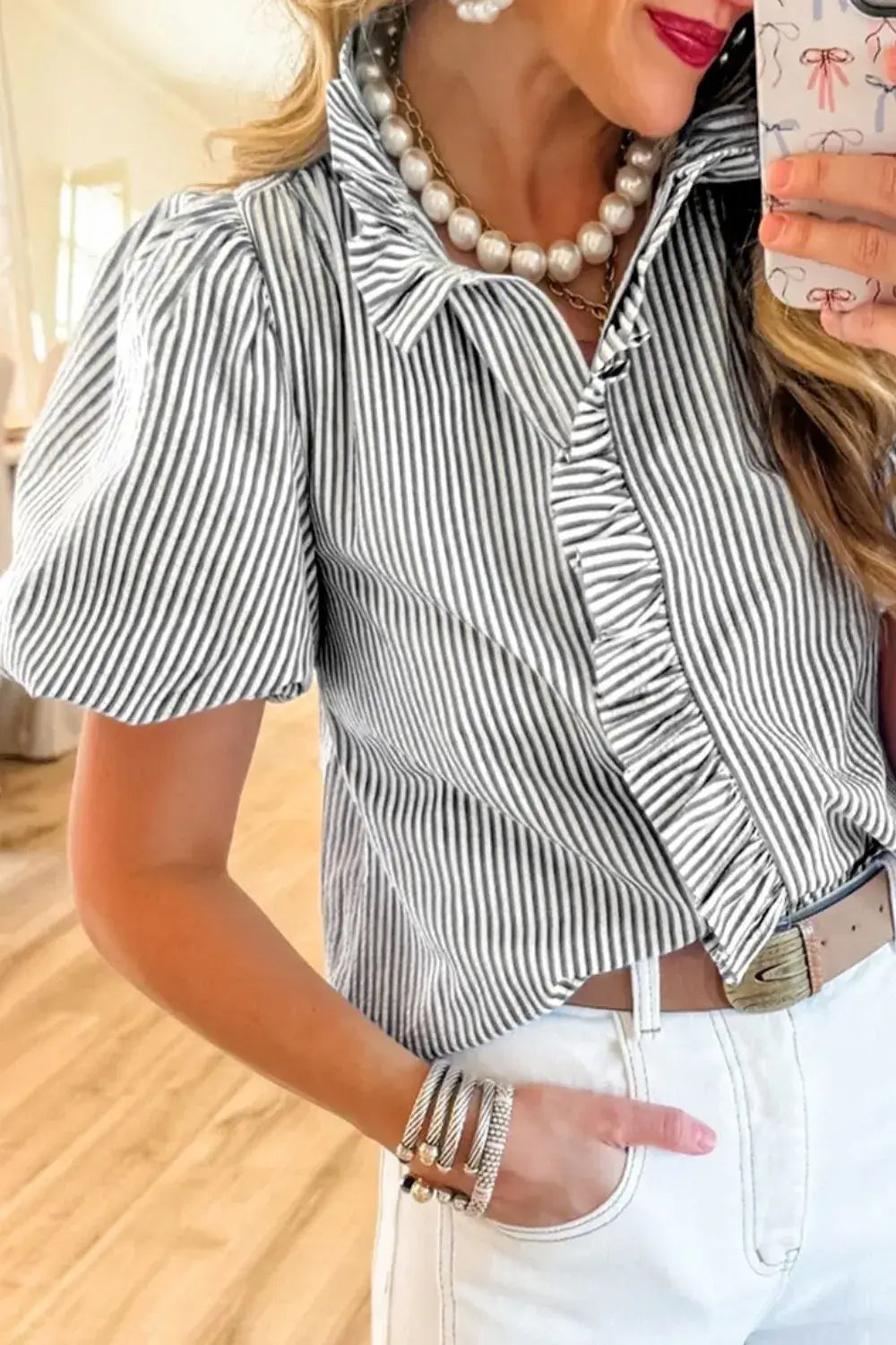 Striped Ruffle Short Bubble Sleeve Shirt