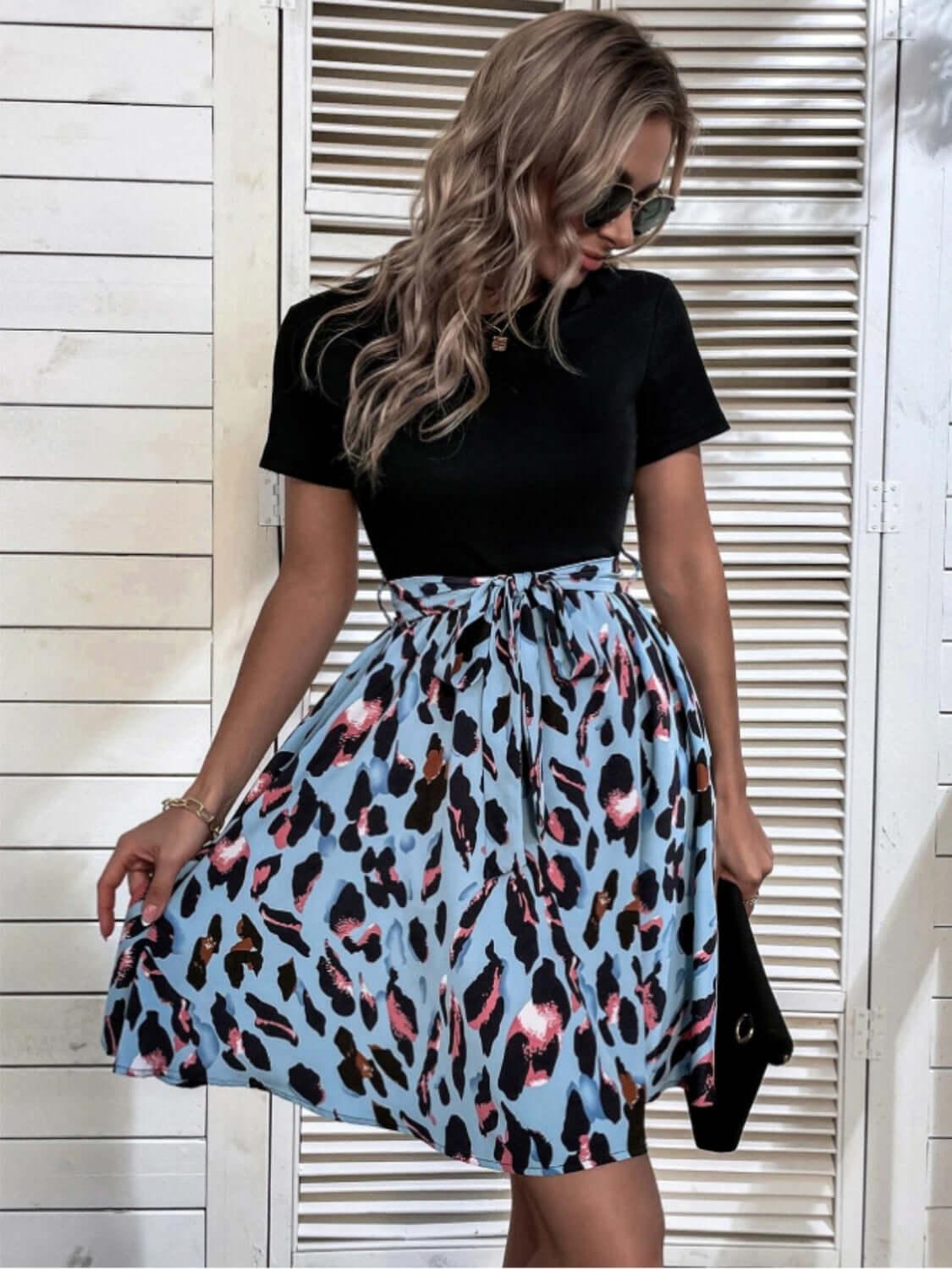 Tied Front Contrast Leopard Short Sleeve Mini Dress - Clothes For Her Online Store