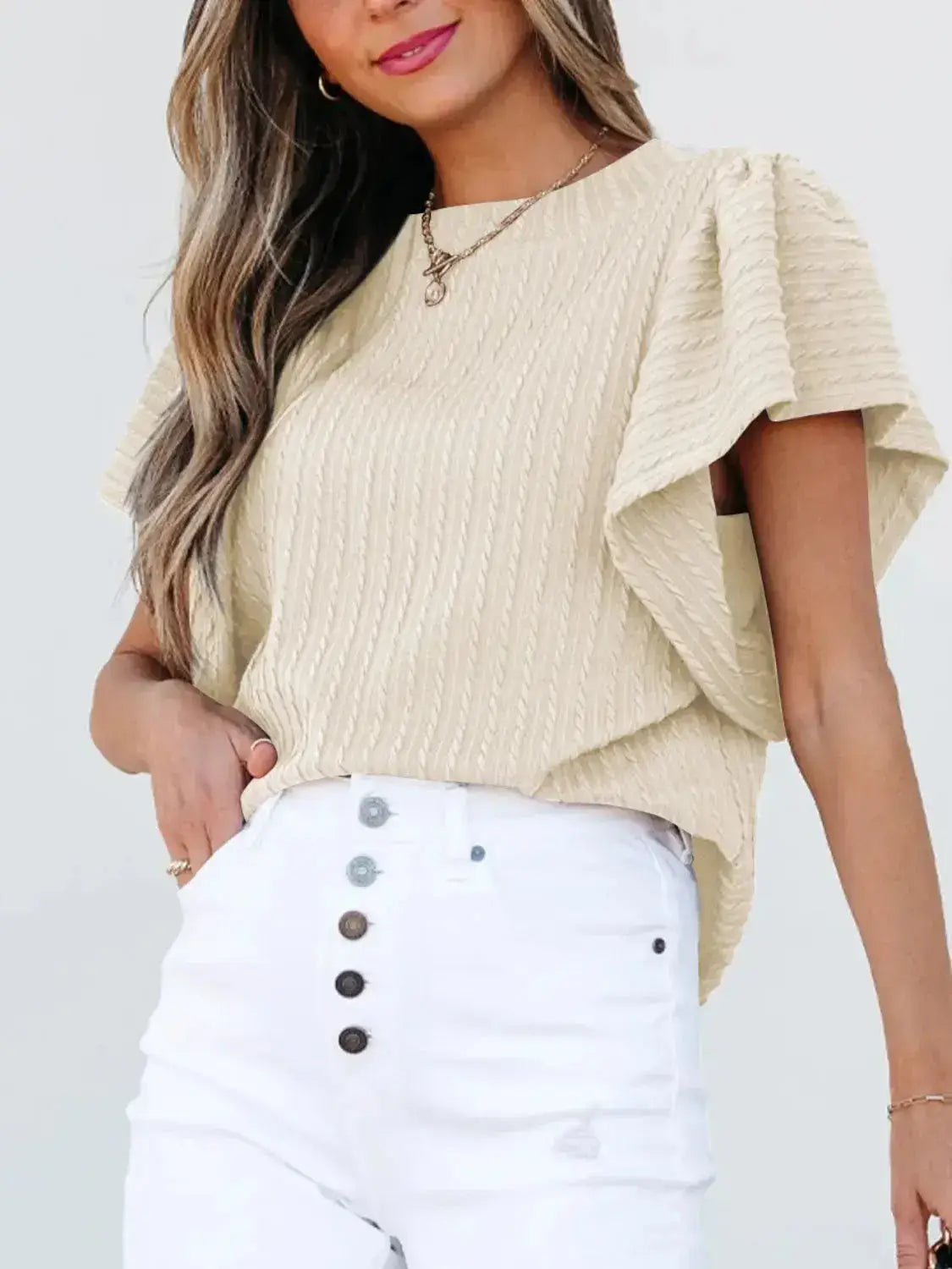 Round Neck Ruffle Sleeve Top - Clothes For Her Online Store