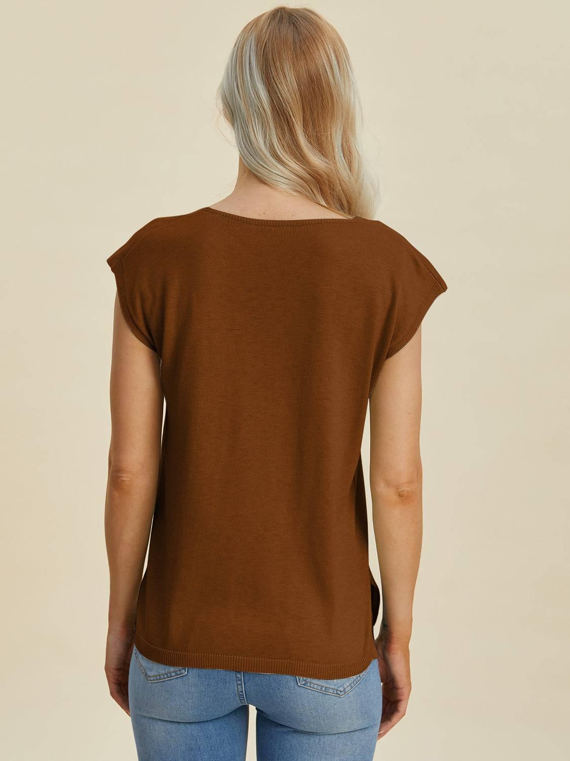 Double Take Full Size Notched Cap Sleeve Knit Top - Clothes For Her Online Store
