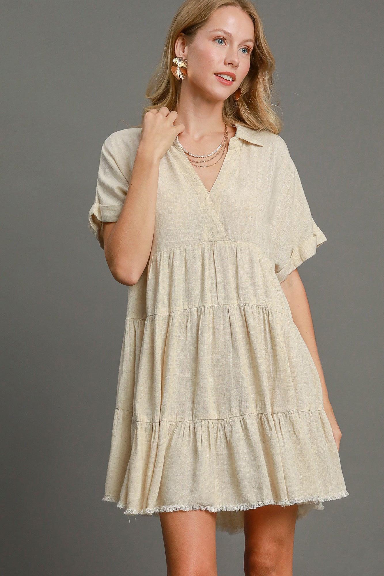 Umgee Full Size Raw Hem Folded Sleeve Tiered Dress Plus Size - Clothes For Her Online Store