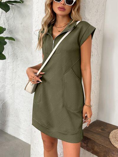 Texture Half Zip Cap Sleeve Mini Dress - Clothes For Her Online Store
