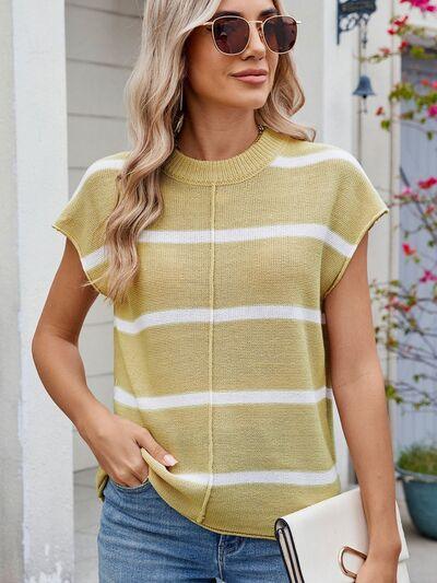 Exposed Seam Striped Round Neck Knit Top - Clothes For Her Online Store