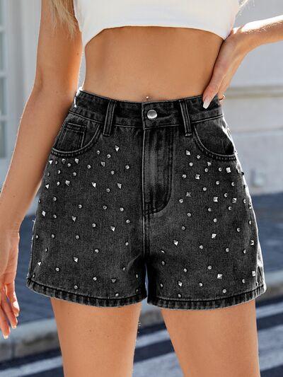 Rhinestone Washed High Waist Denim Shorts - Clothes For Her Online Store
