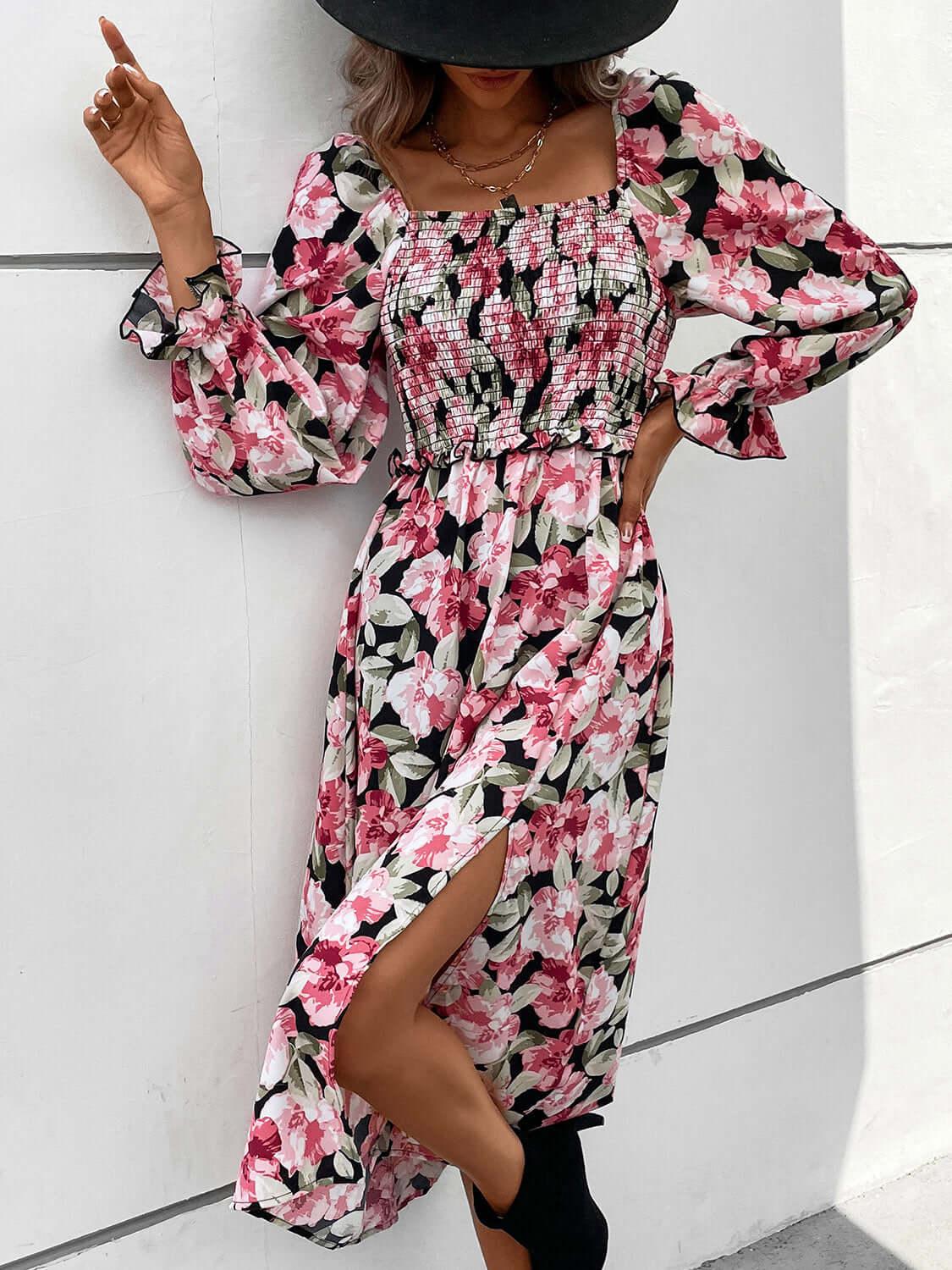 Perfee Slit Smocked Floral Flounce Sleeve Dress - Clothes For Her Online Store