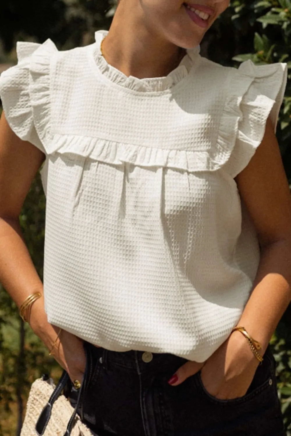 Solid Color Ruffle Trim Waffle Knit Blouse