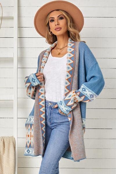 Geometric Open Front Long Sleeve Cardigan - Clothes For Her Online Store