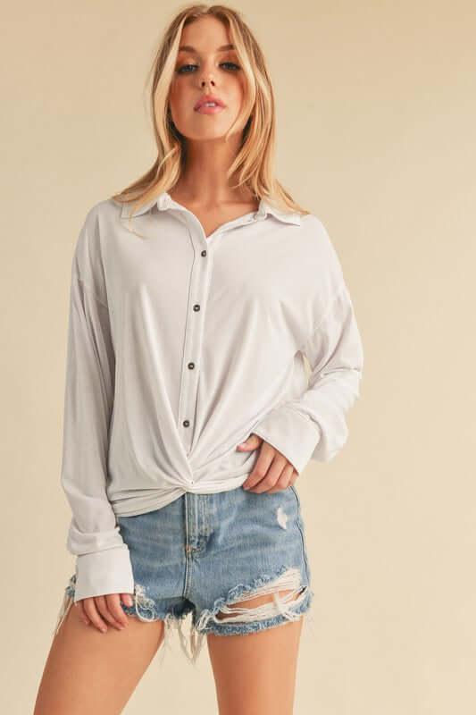 Aemi + Co Twisted Hemline Button Detail Collared Neck Top - Clothes For Her Online Store