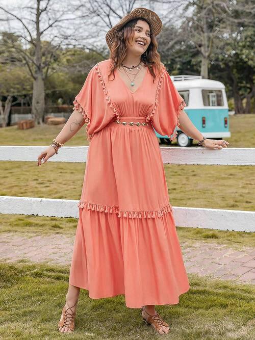 Plus Size Tassel Trim V-Neck Short Sleeve Ruffle Hem Dress - Clothes For Her Online Store