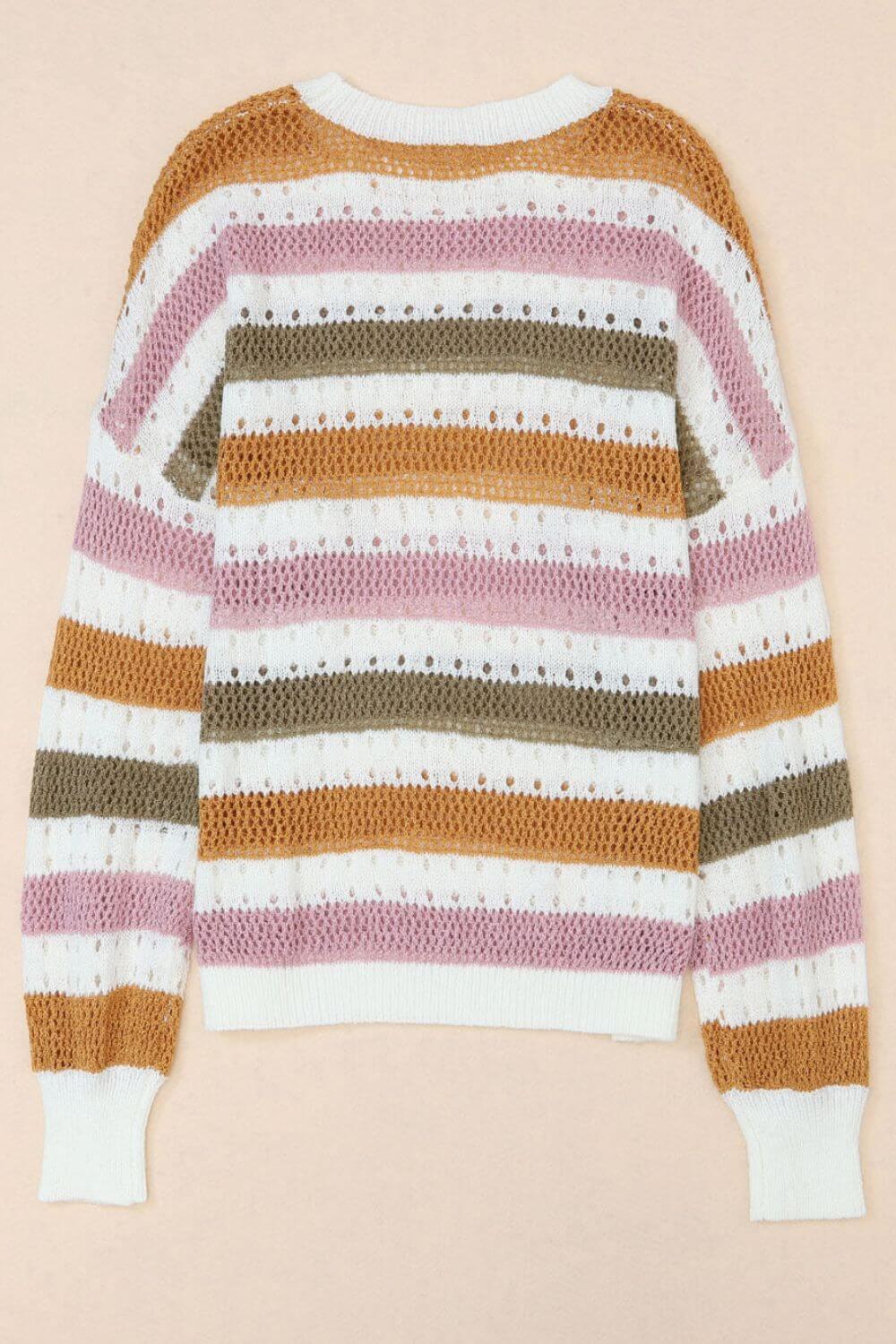 Striped Round Neck Hollowed Sweater - Clothes For Her Online Store
