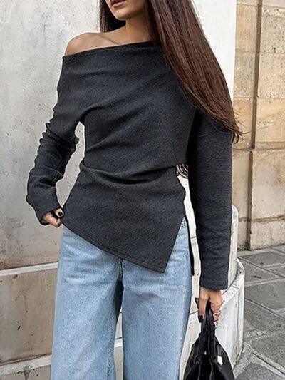 Side Slit One Shoulder Long Sleeve Top - Clothes For Her Online Store