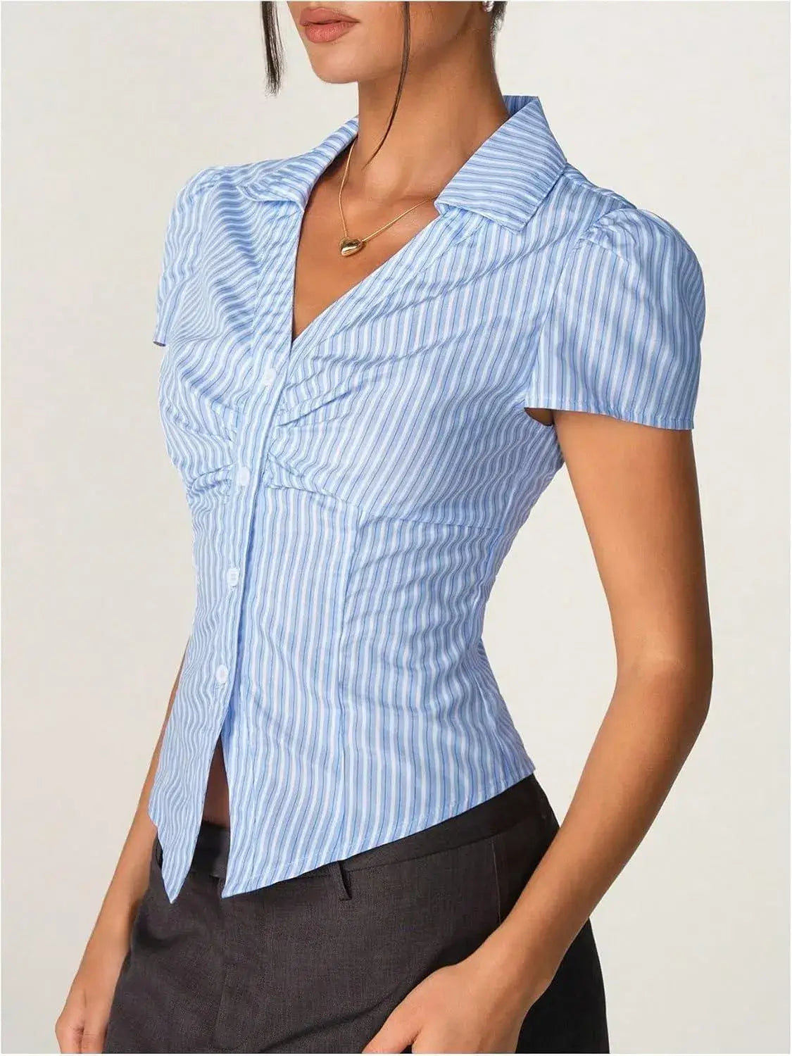 Striped Collared Neck Short Sleeve Shirt