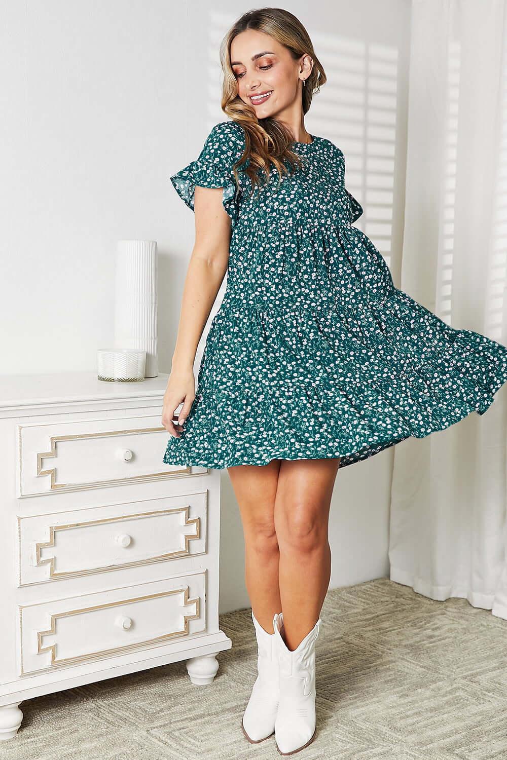Double Take Short Flounce Sleeve Tiered Dress - Clothes For Her Online Store