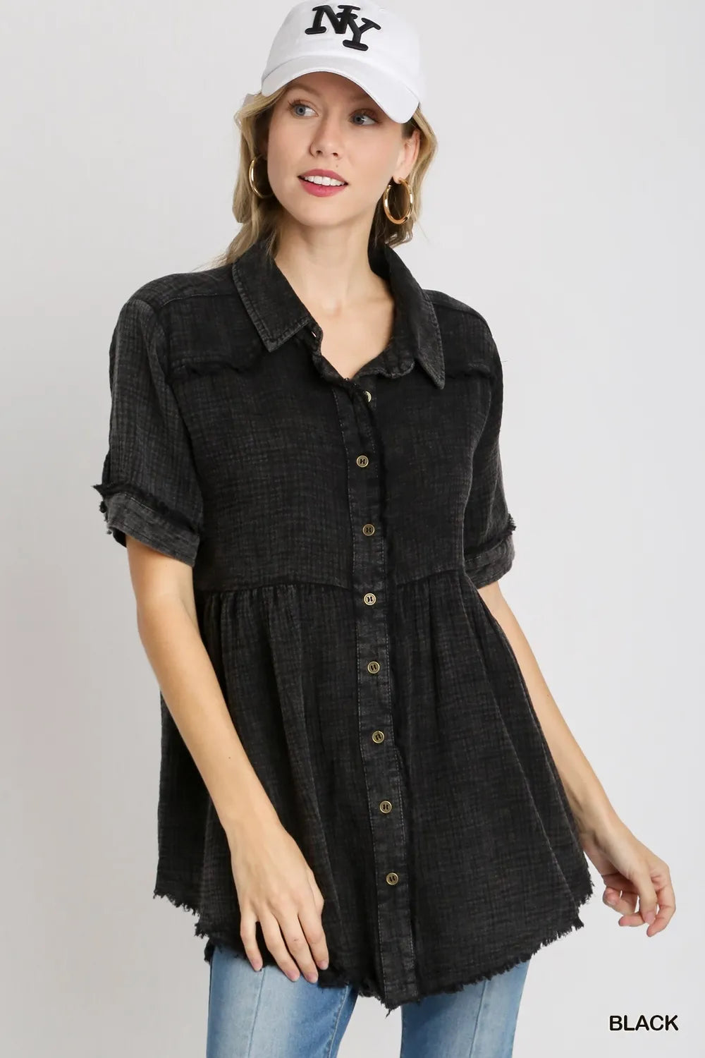 Umgee Full Size Cotton Gauze Button Front Shirt Plus Size