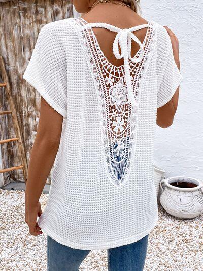 Lace Detail Round Neck Short Sleeve T-Shirt - Clothes For Her Online Store