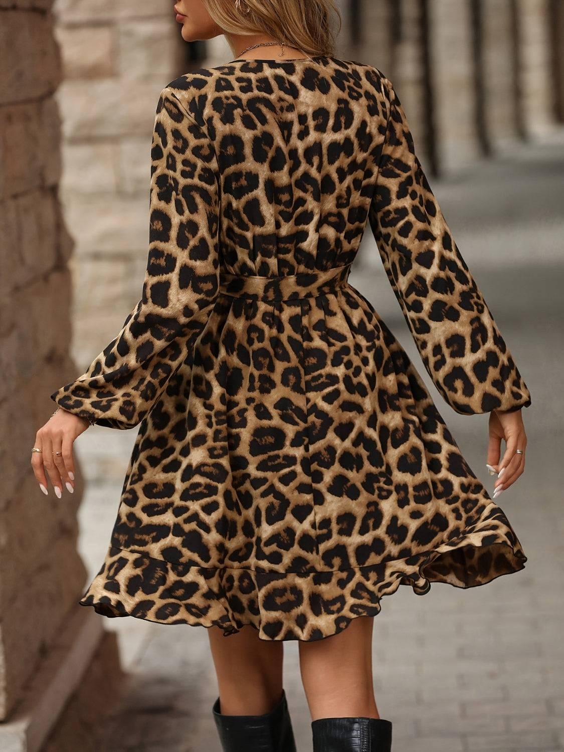 Leopard Surplice Balloon Sleeve Mini Dress - Clothes For Her Online Store