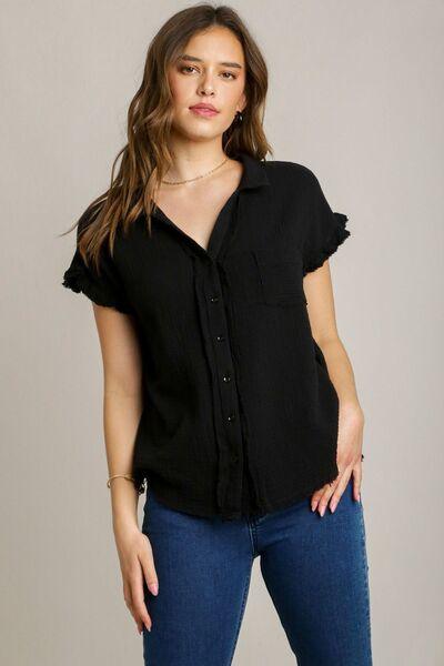 Umgee Full Size Frayed Hem Collared Neck Short Sleeve Shirt Plus Size - Clothes For Her Online Store