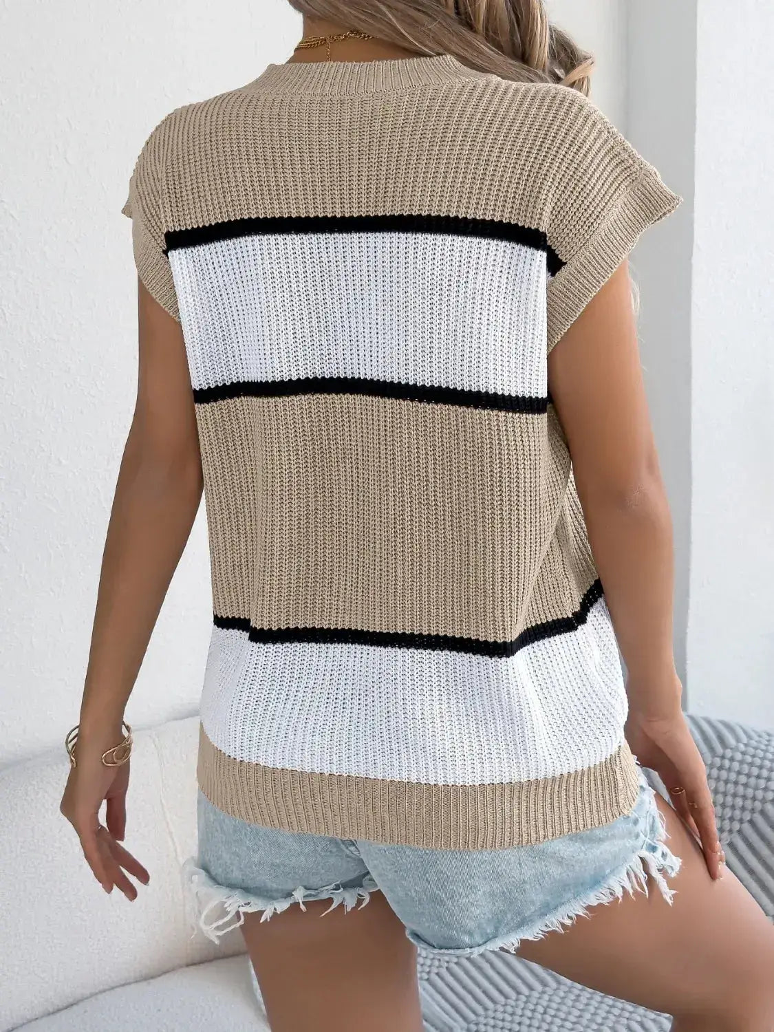 Color Block Round Neck Cap Sleeve Knit Top - Clothes For Her Online Store