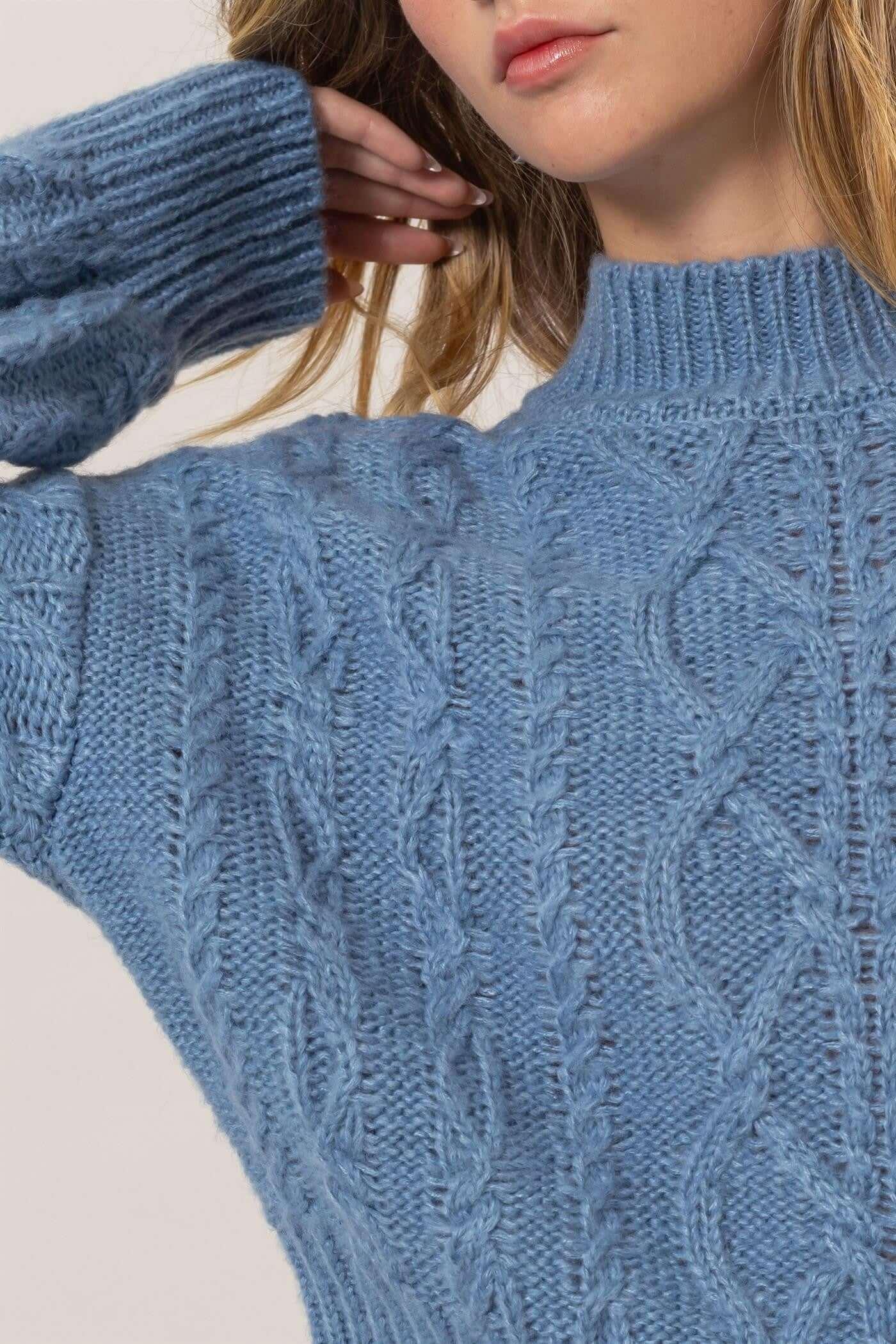 HYFVE Cable-Knit Mock Neck Dropped Shoulder Sweater - Clothes For Her Online Store