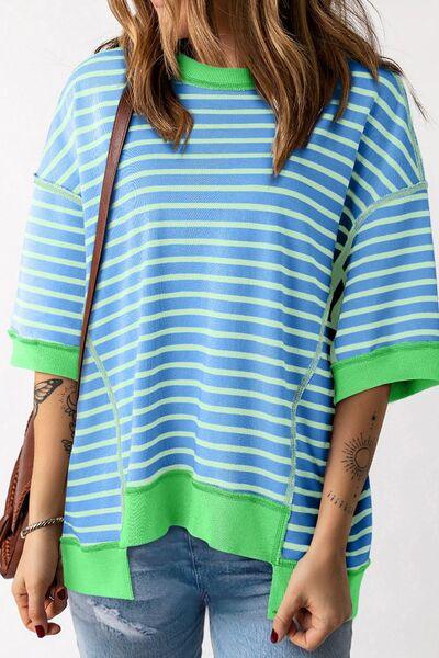 Stripe Oversized Contrast Trim Exposed Seam High Low T Shirt - Clothes For Her Online Store