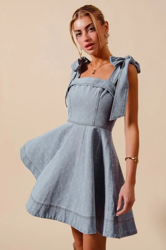 SO ME A Line Fit and Flare Diamond Bow Ribbon Denim Dres