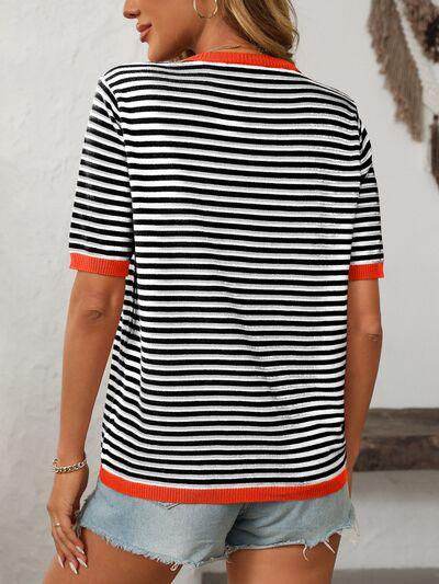 Mandy Striped Round Neck Half Sleeve Knit Top - Clothes For Her Online Store