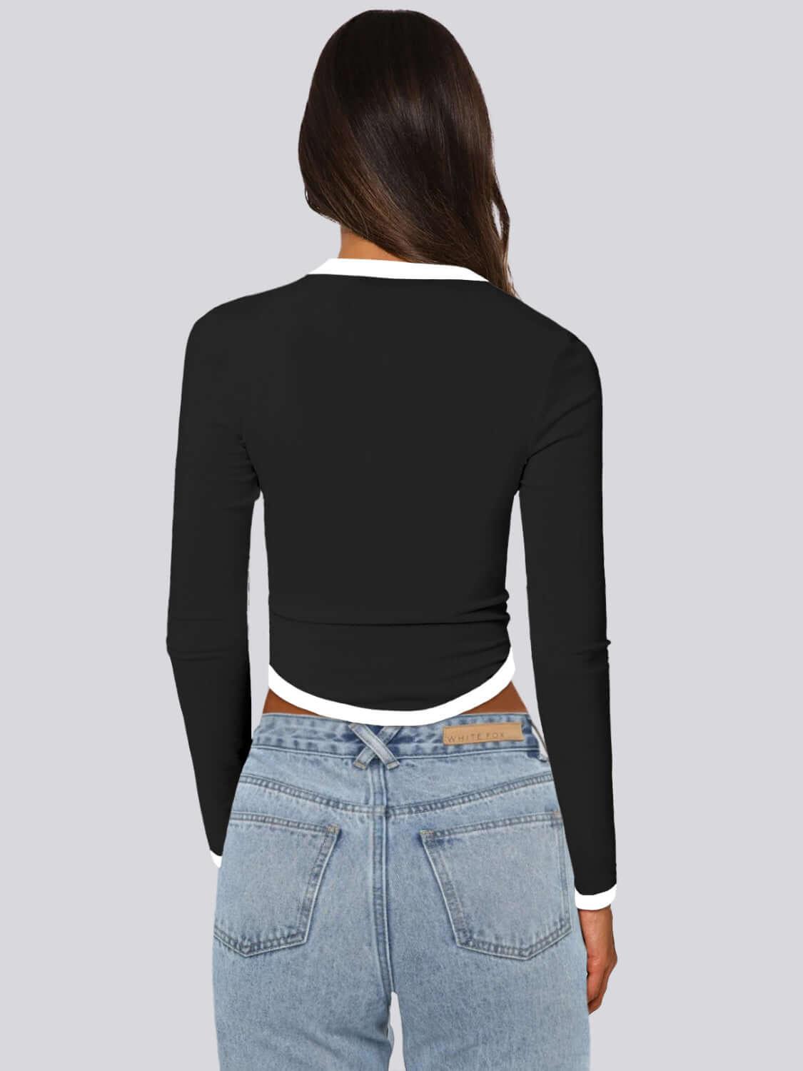 Contrast Trim Round Neck Long Sleeve T-Shirt - Clothes For Her Online Store