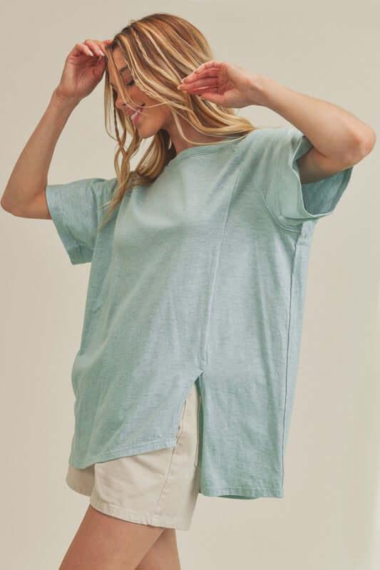 Aemi + Co Asymmetrical Front Slit Round Neck Raglan Sleeve T-Shirt - Clothes For Her Online Store